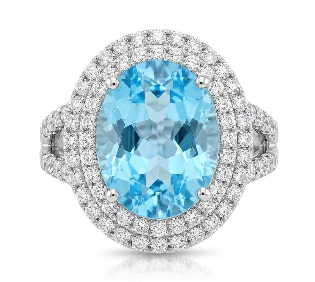 Blue Topaz and Diamond Ring in 14K White Gold - Front View by Kelly Christie