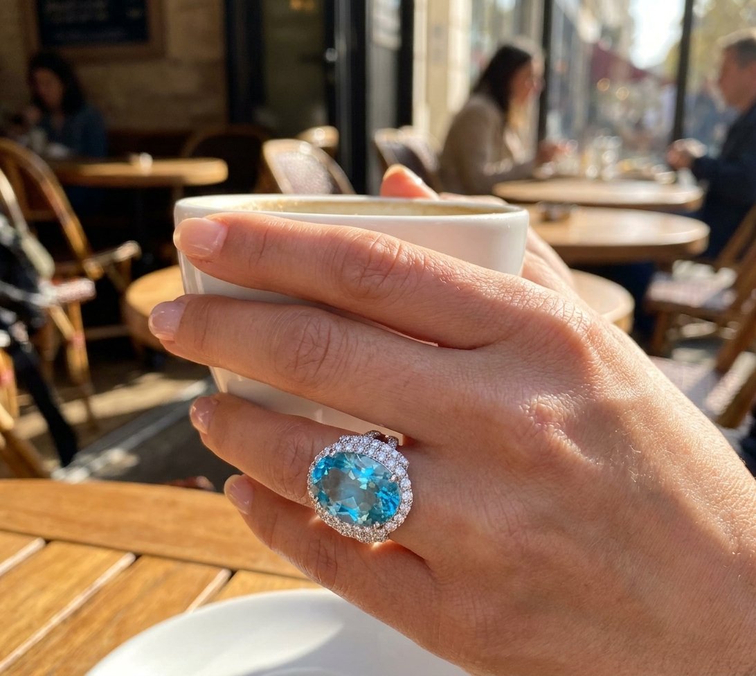 Blue Topaz and Diamond Ring in 14K White Gold - Lifestyle Model View by Kelly Christie