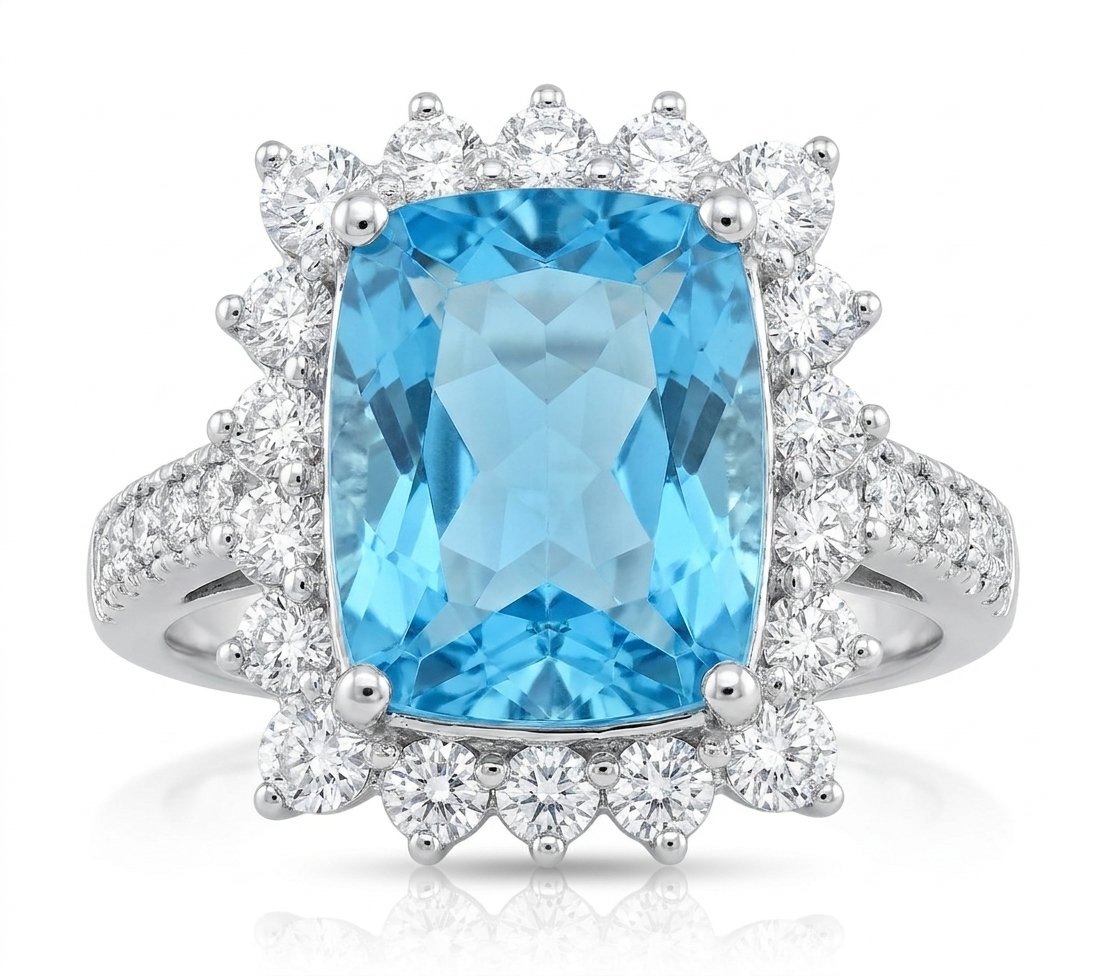 Blue Topaz and Diamond Ring in 14K White Gold - Front View by Kelly Christie