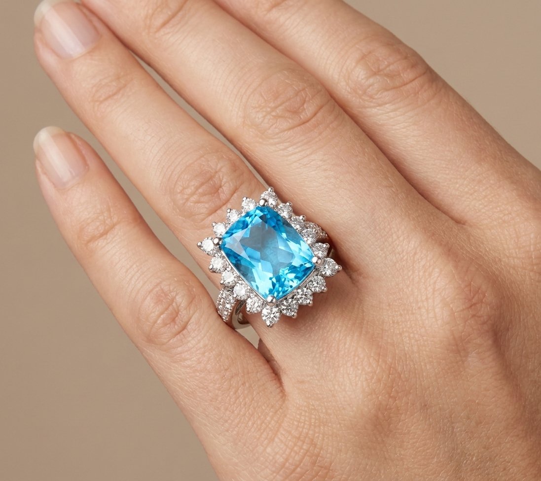 Blue Topaz and Diamond Ring in 14K White Gold - Studio Model View by Kelly Christie