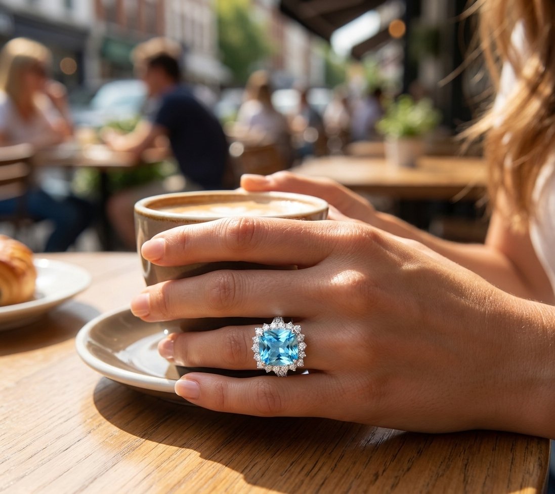 Blue Topaz and Diamond Ring in 14K White Gold - Lifestyle Model View by Kelly Christie
