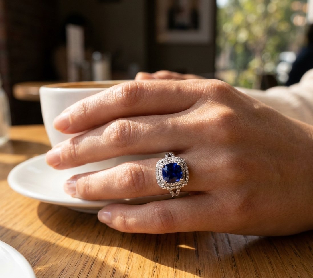 Sapphire and Diamond Ring in 18K White Gold - Lifestyle Model View by Kelly Christie