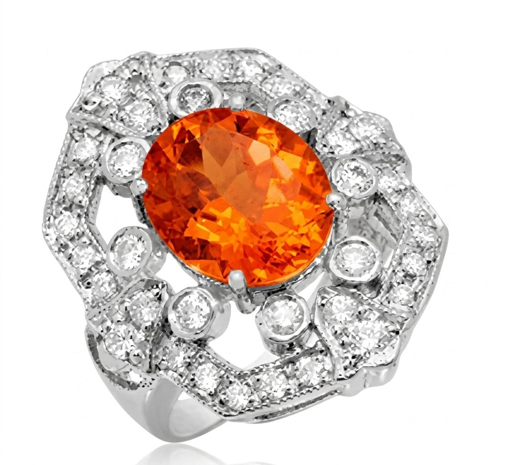Mandarin Garnet and Diamond Ring in 14K White Gold - Front View by Kelly Christie