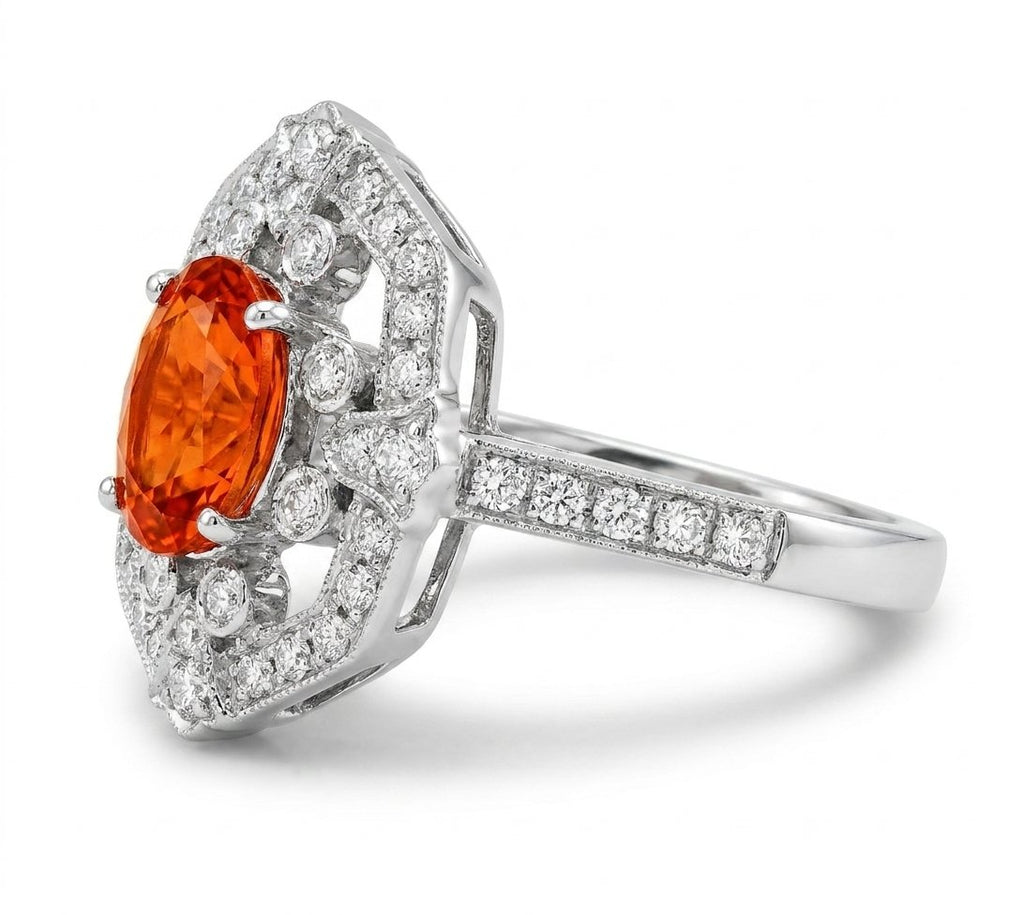 Mandarin Garnet and Diamond Ring in 14K White Gold - Three-Quarter View by Kelly Christie