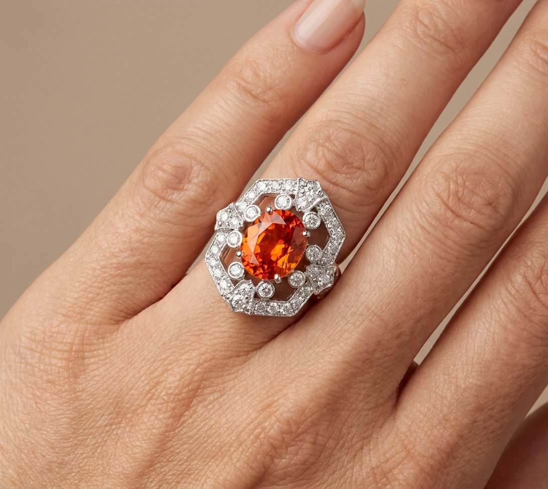 Mandarin Garnet and Diamond Ring in 14K White Gold - Studio Model View by Kelly Christie
