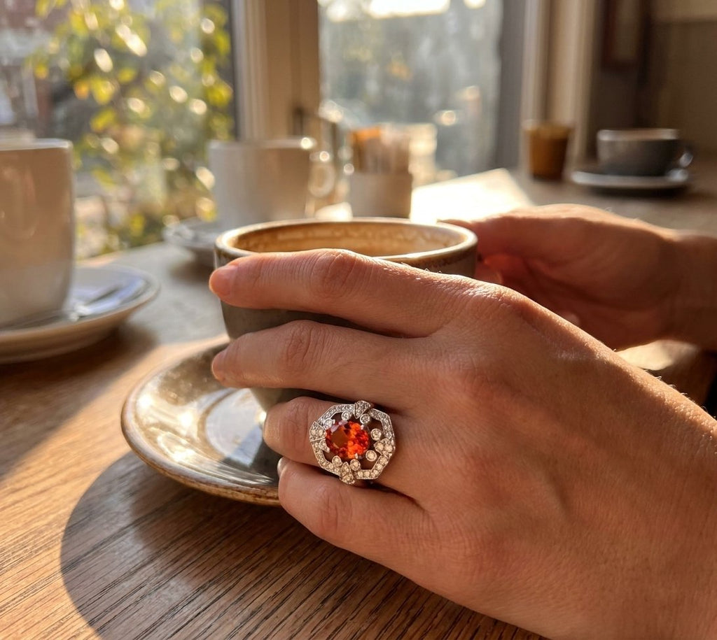 Mandarin Garnet and Diamond Ring in 14K White Gold - Lifestyle Model View by Kelly Christie