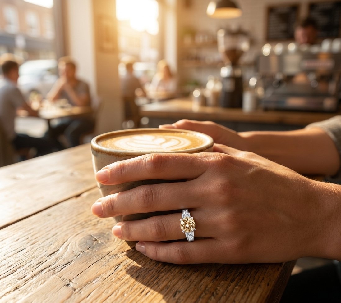 Champagne Diamond and Diamond Ring in 14K White Gold - Lifestyle Model View by Kelly Christie