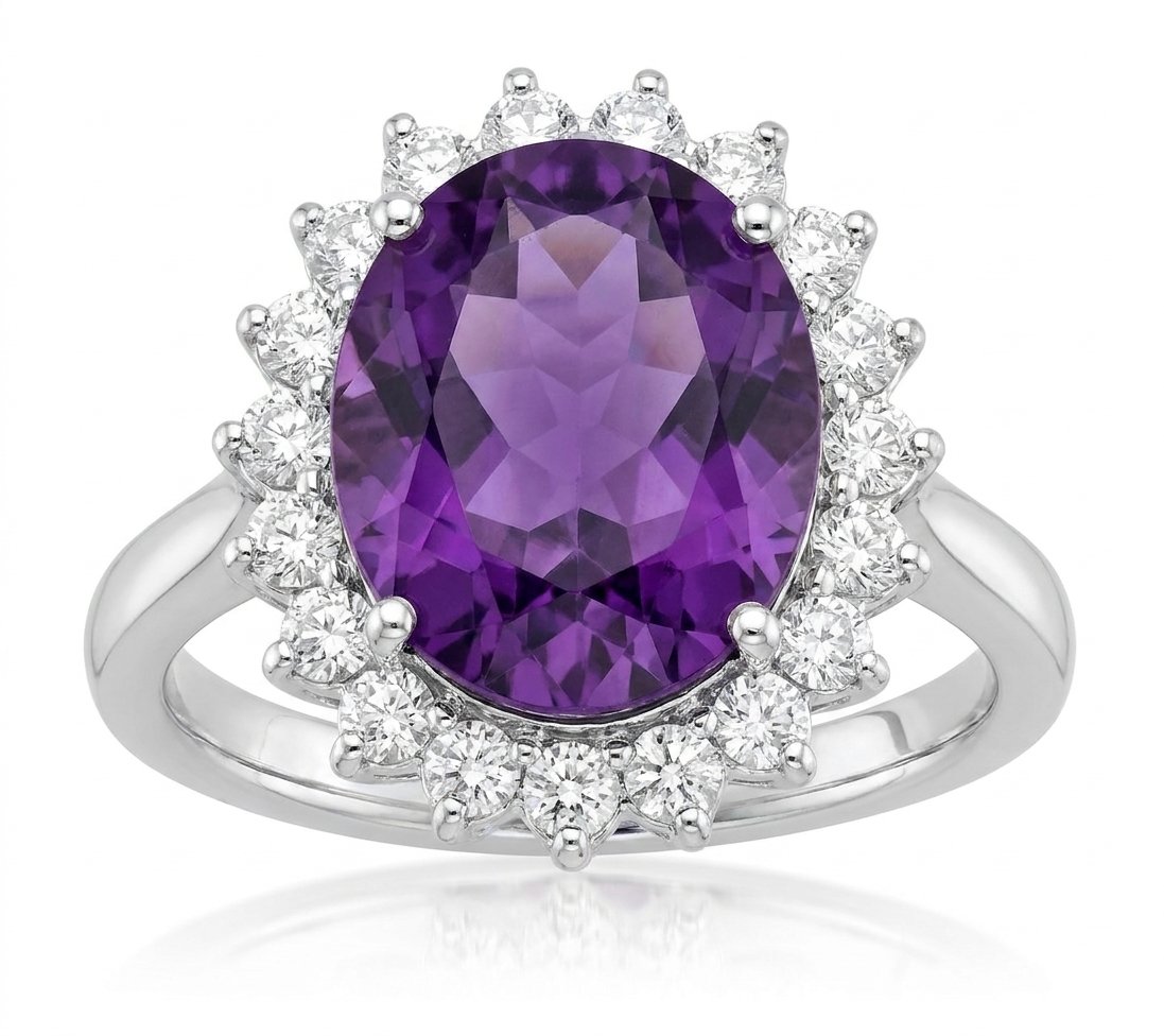 Amethyst and Diamond Ring in 14K White Gold - Front View by Kelly Christie