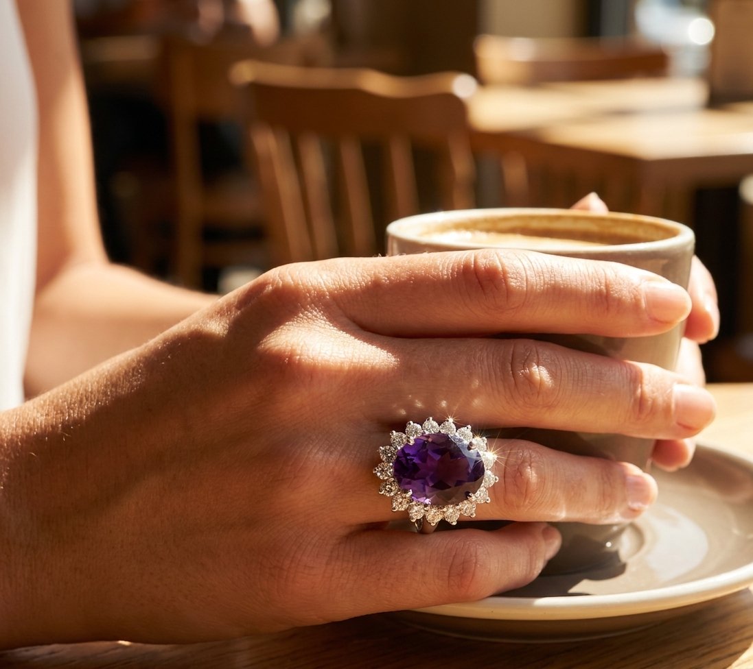 Amethyst and Diamond Ring in 14K White Gold - Lifestyle Model View by Kelly Christie
