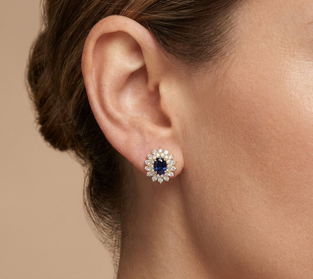 Sapphire and Diamond Earrings in 14K Yellow Gold - Studio Model View by Kelly Christie
