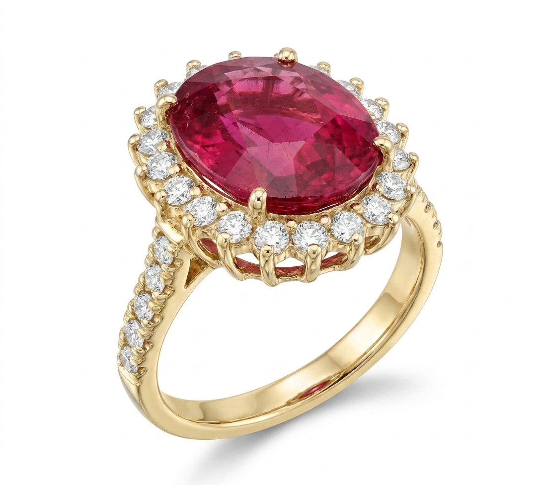 Rubellite Tourmaline and Diamond Ring in 14K Yellow Gold - Three-Quarter View by Kelly Christie