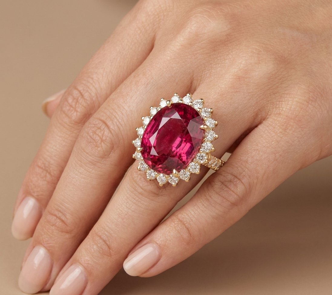 Rubellite Tourmaline and Diamond Ring in 14K Yellow Gold - Studio Model View by Kelly Christie