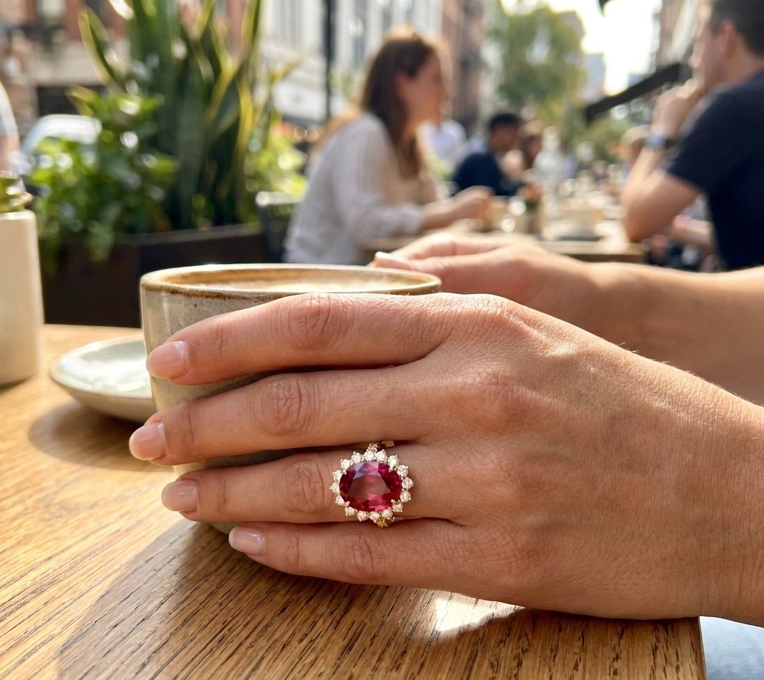 Rubellite Tourmaline and Diamond Ring in 14K Yellow Gold - Lifestyle Model View by Kelly Christie