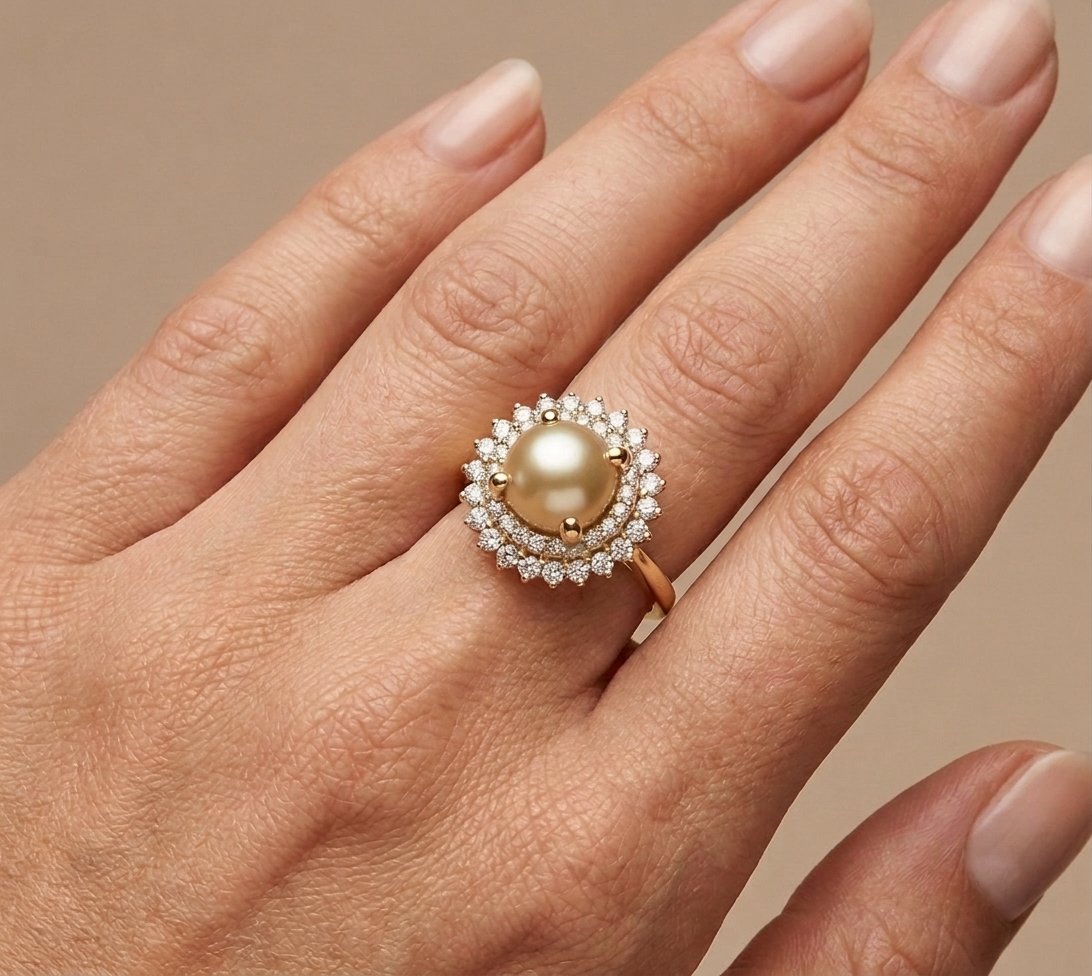 Pearl and Diamond Ring in 14K White Gold - Studio Model View by Kelly Christie