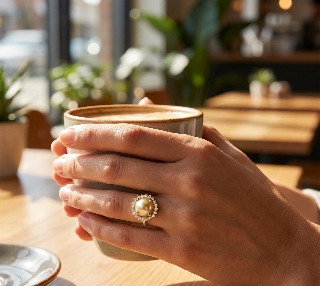Pearl and Diamond Ring in 14K White Gold - Lifestyle Model View by Kelly Christie
