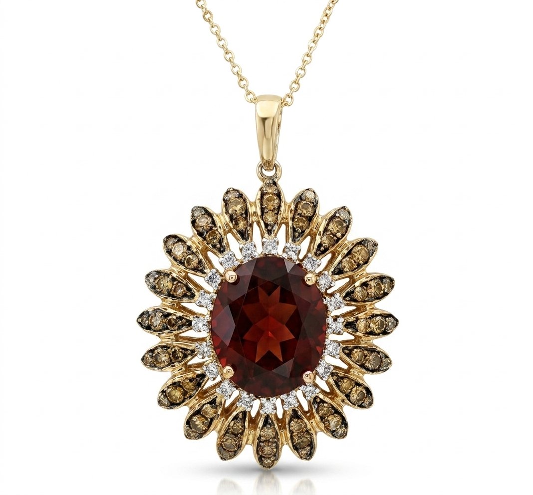 Garnet Champagne Diamond and Diamond Pendant in 14K Yellow Gold - Front View by Kelly Christie