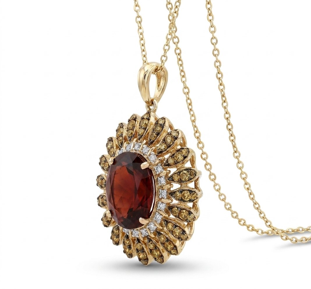 Garnet Champagne Diamond and Diamond Pendant in 14K Yellow Gold - Three-Quarter View by Kelly Christie