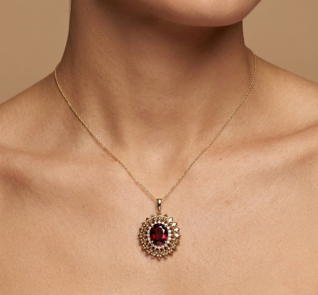 Garnet Champagne Diamond and Diamond Pendant in 14K Yellow Gold - Studio Model View by Kelly Christie