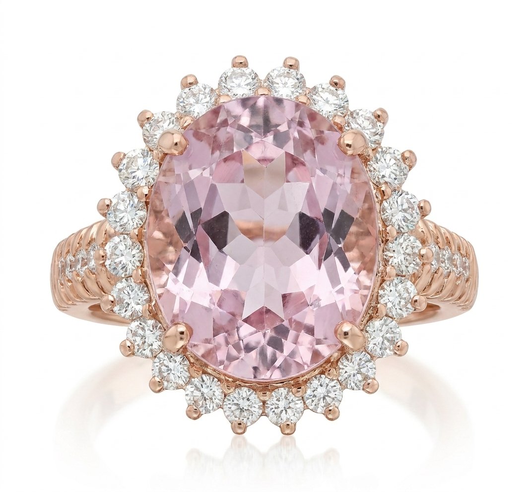Kunzite and Diamond Ring in 14K Rose Gold - Front View by Kelly Christie