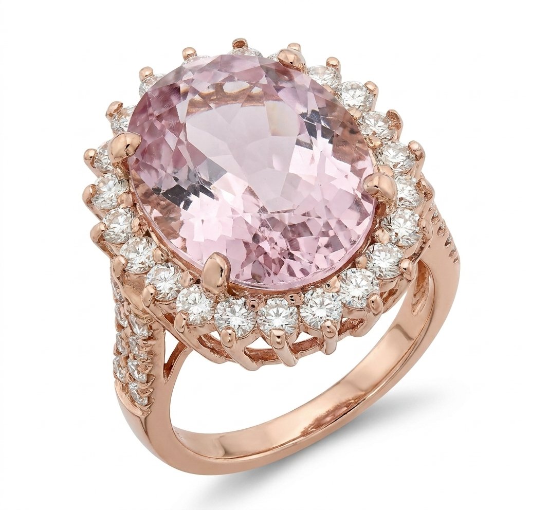 Kunzite and Diamond Ring in 14K Rose Gold - Three-Quarter View by Kelly Christie