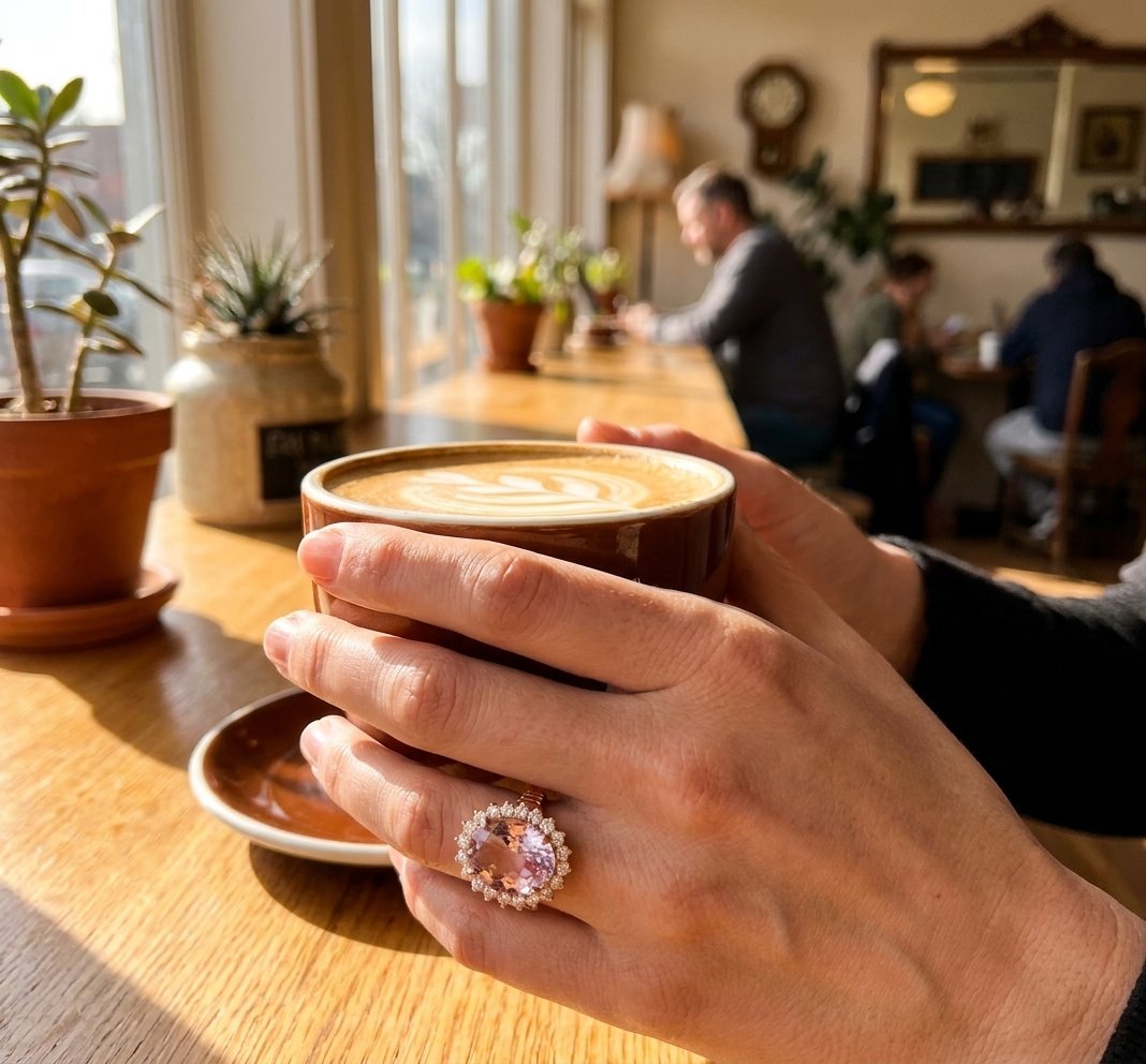 Kunzite and Diamond Ring in 14K Rose Gold - Lifestyle Model View by Kelly Christie