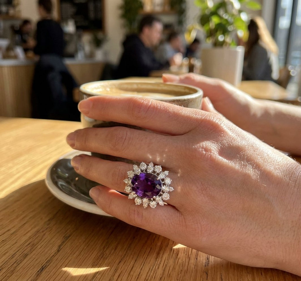 Amethyst and Diamond Ring in 14K White Gold - Lifestyle Model View by Kelly Christie