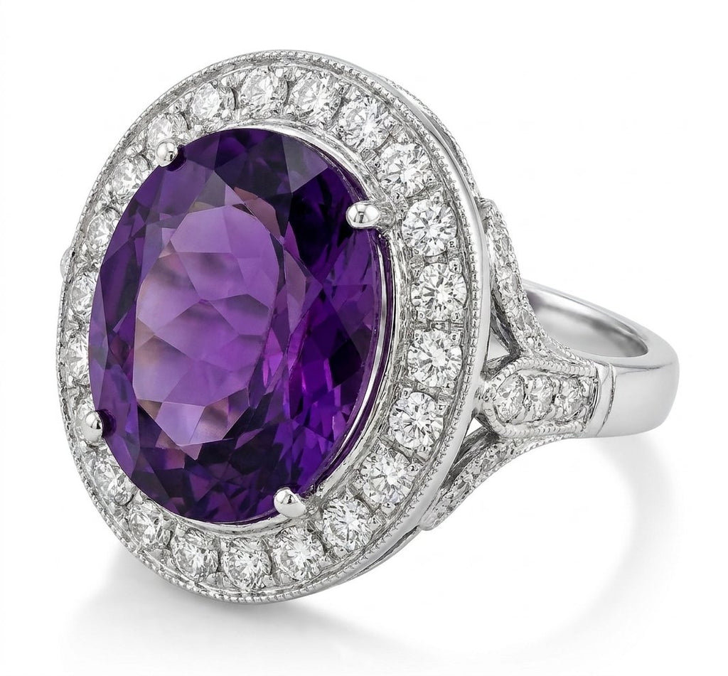 Amethyst and Diamond Ring in 14K White Gold - Three-Quarter View by Kelly Christie