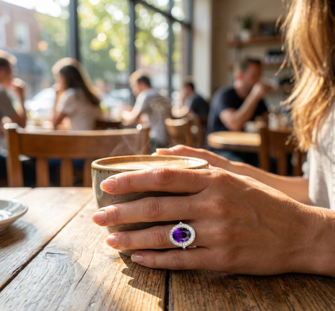 Amethyst and Diamond Ring in 14K White Gold - Lifestyle Model View by Kelly Christie