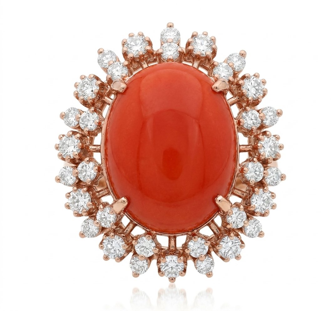 Coral and Diamond Ring in 14K Rose Gold - Front View by Kelly Christie