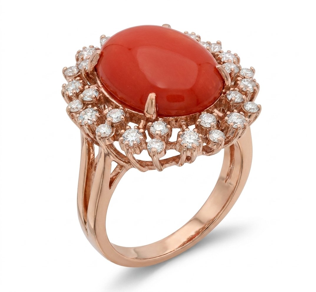 Coral and Diamond Ring in 14K Rose Gold - Three-Quarter View by Kelly Christie
