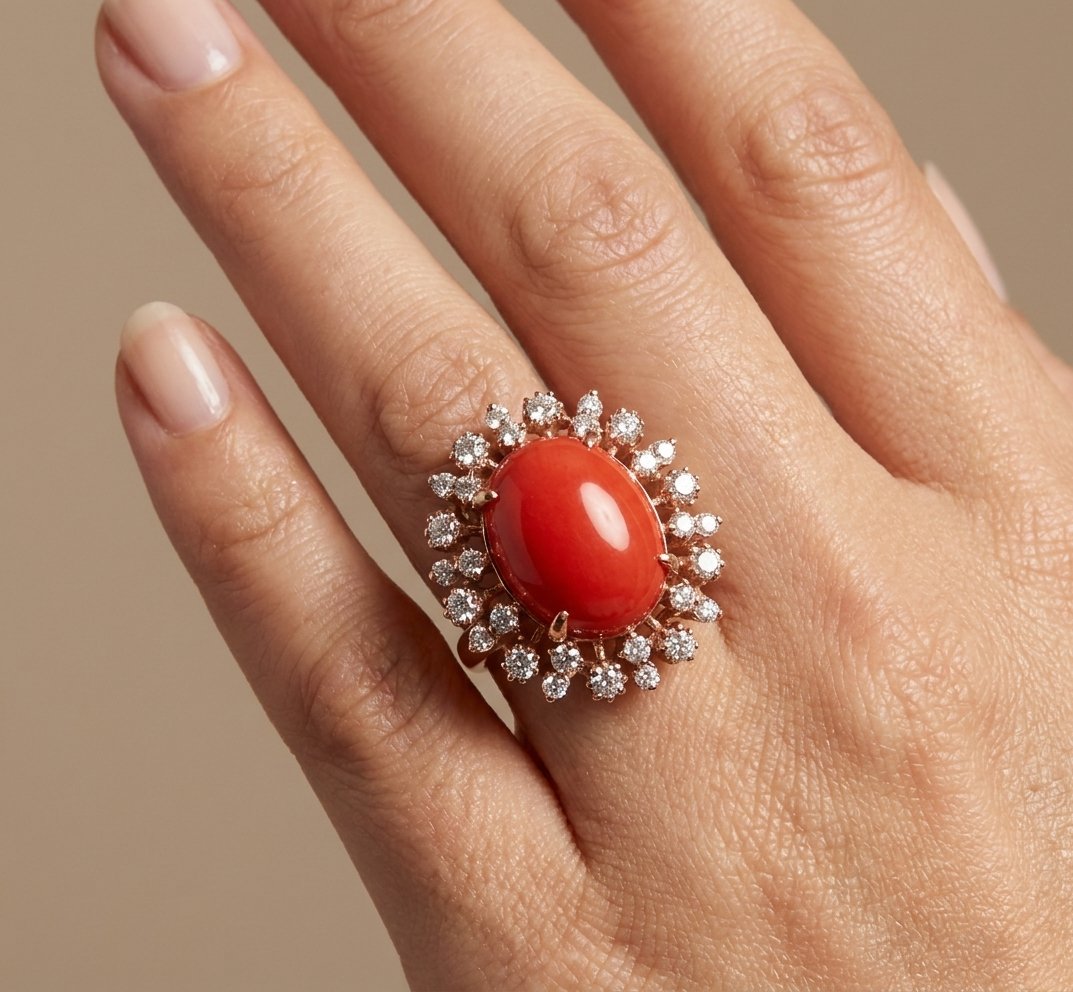 Coral and Diamond Ring in 14K Rose Gold - Studio Model View by Kelly Christie
