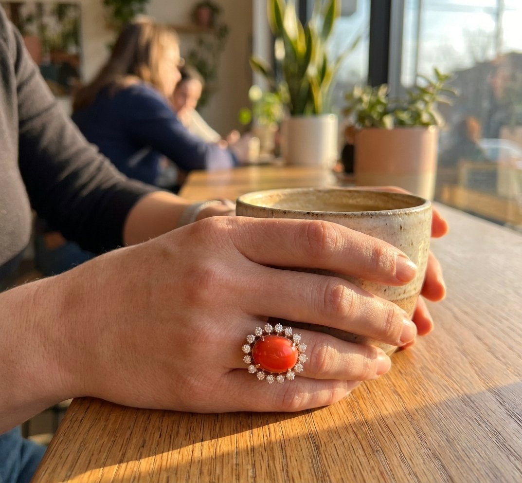 Coral and Diamond Ring in 14K Rose Gold - Lifestyle Model View by Kelly Christie