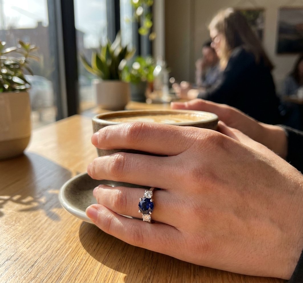 Sapphire and Diamond Ring in 14K White Gold - Lifestyle Model View by Kelly Christie