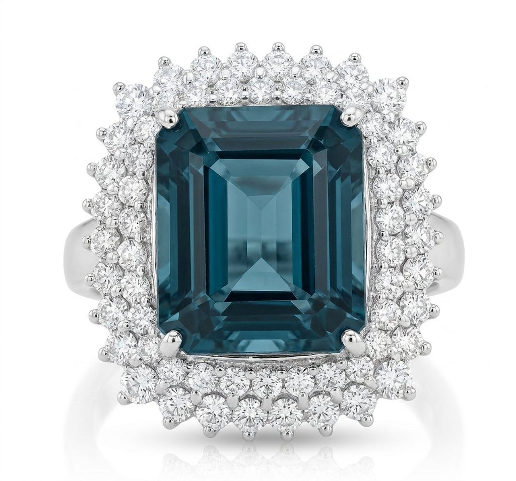 London Blue Topaz and Diamond Ring in 14K White Gold - Front View by Kelly Christie