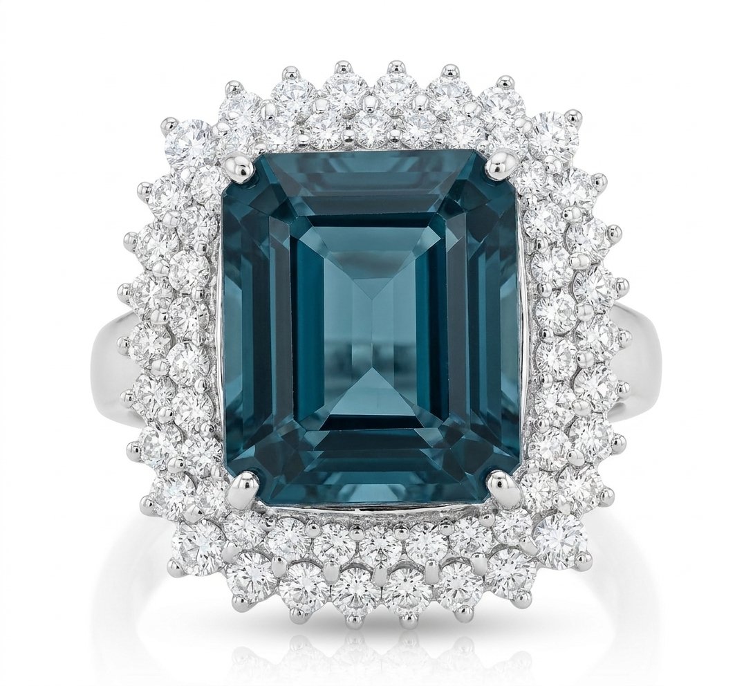 London Blue Topaz and Diamond Ring in 14K White Gold - Front View by Kelly Christie