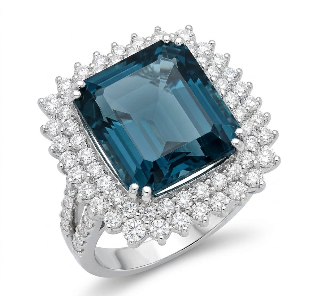 London Blue Topaz and Diamond Ring in 14K White Gold - Three-Quarter View by Kelly Christie