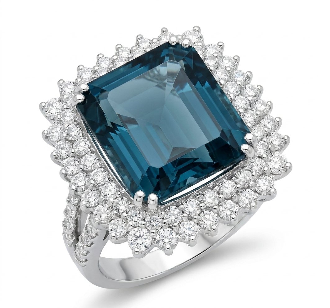 London Blue Topaz and Diamond Ring in 14K White Gold - Three-Quarter View by Kelly Christie