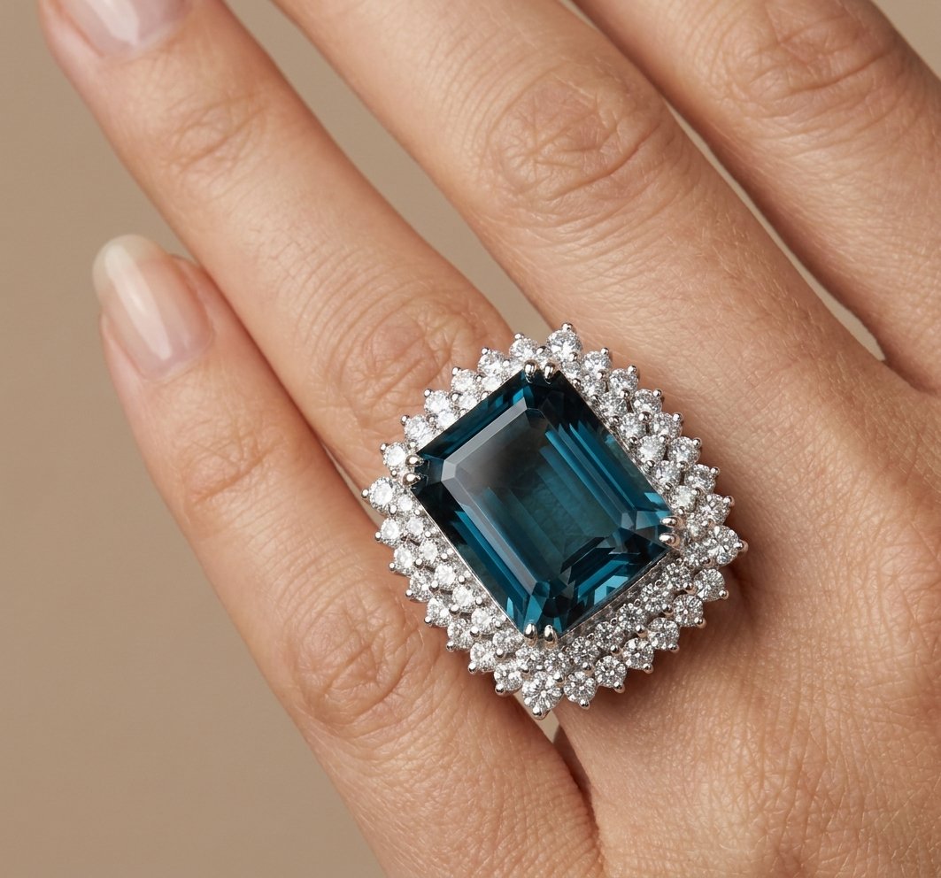 London Blue Topaz and Diamond Ring in 14K White Gold - Studio Model View by Kelly Christie