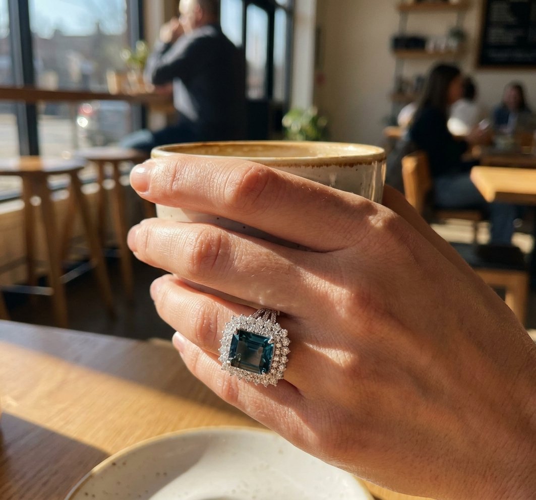 London Blue Topaz and Diamond Ring in 14K White Gold - Lifestyle Model View by Kelly Christie