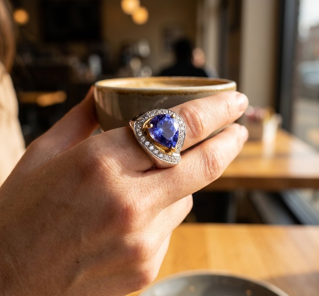 Tanzanite and Diamond Ring in Platinum - Lifestyle Model View by Kelly Christie