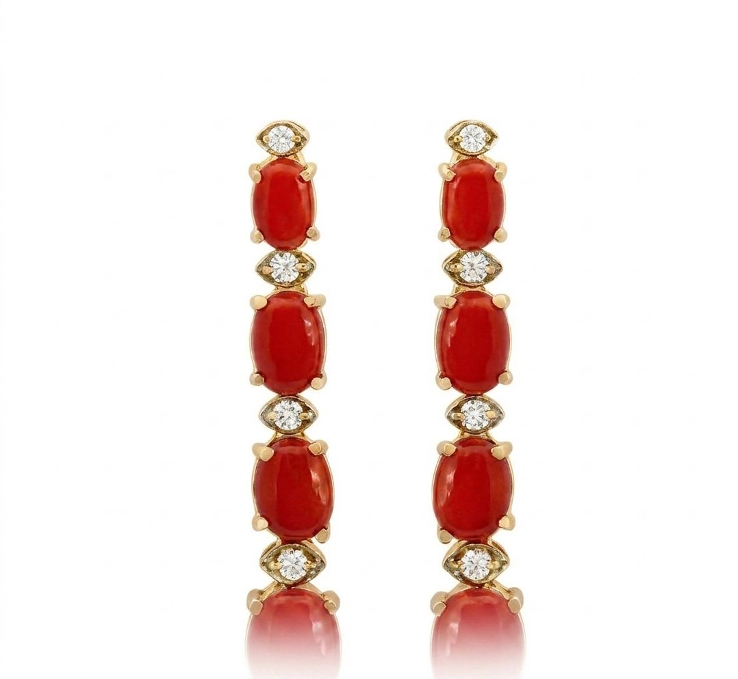 Coral and Diamond Earrings in 14K Yellow Gold - Front View by Kelly Christie