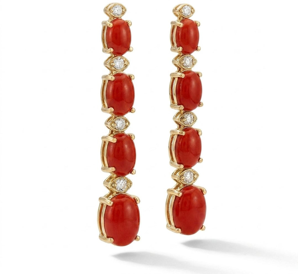 Coral and Diamond Earrings in 14K Yellow Gold - Three-Quarter View by Kelly Christie