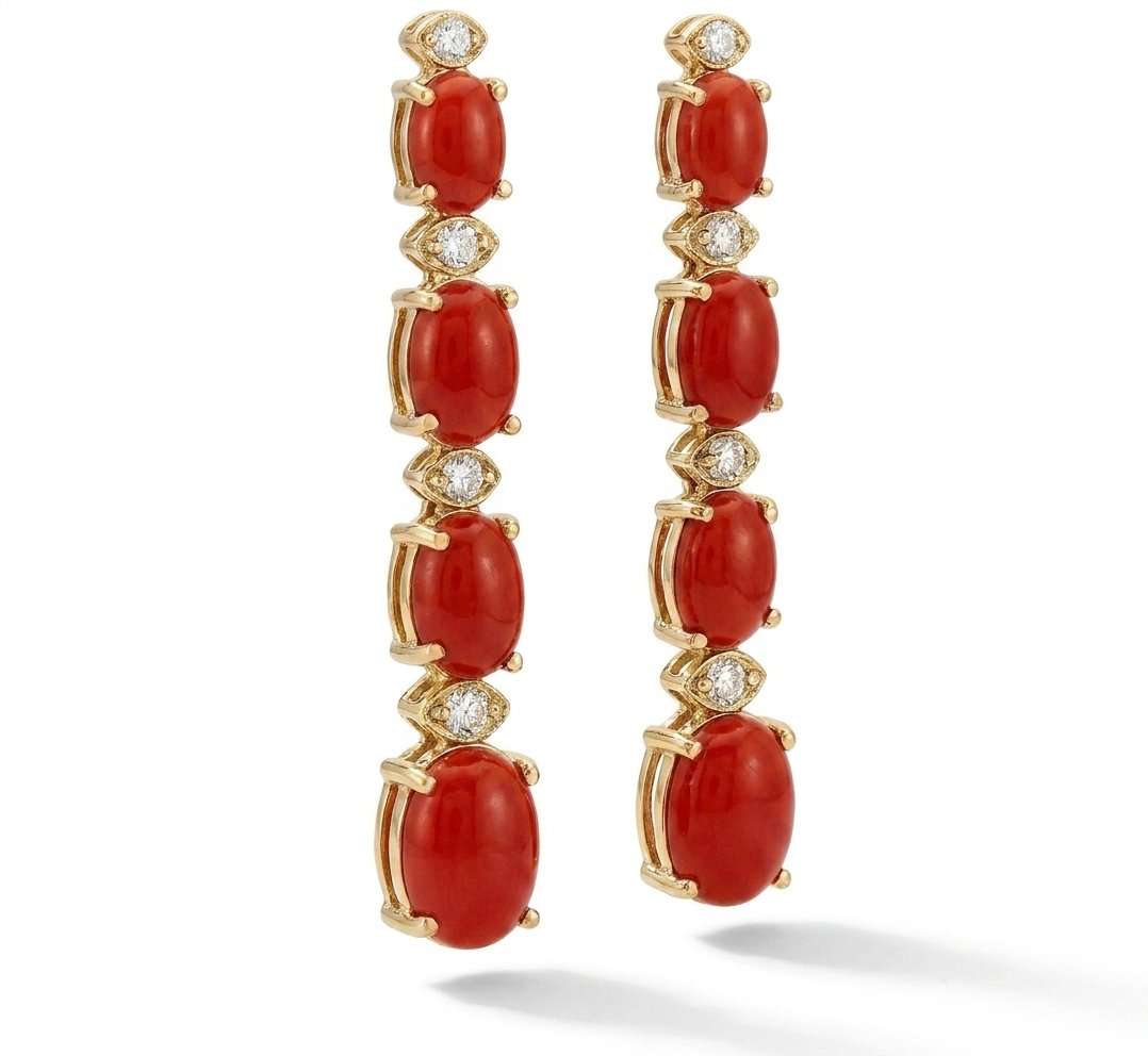 Coral and Diamond Earrings in 14K Yellow Gold - Three-Quarter View by Kelly Christie