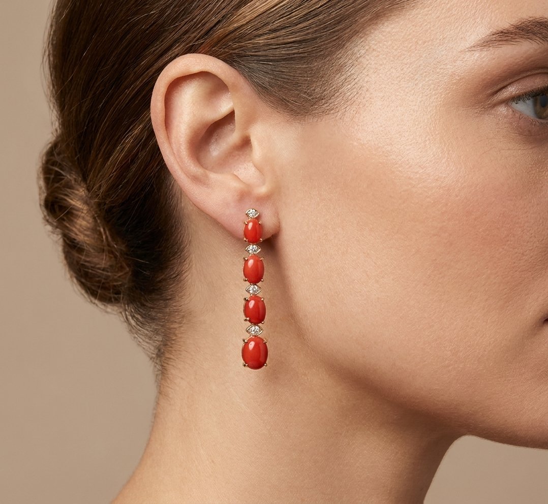Coral and Diamond Earrings in 14K Yellow Gold - Studio Model View by Kelly Christie