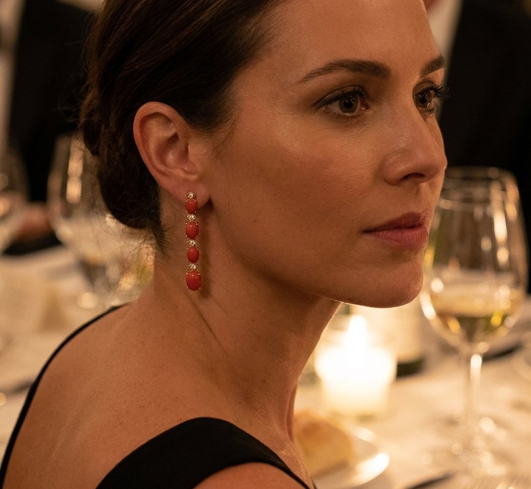 Coral and Diamond Earrings in 14K Yellow Gold - Lifestyle Model View by Kelly Christie