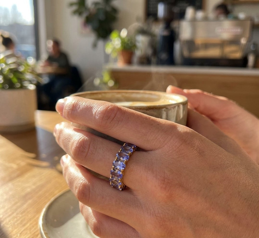 Tanzanite Eternity Band in 14K Yellow Gold - Lifestyle Model View by Kelly Christie
