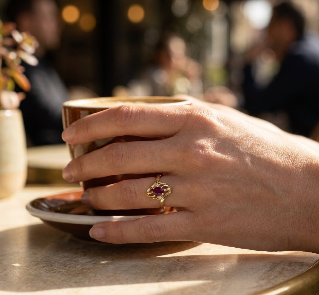 Ruby and Diamond Ring in 14K Yellow Gold - Lifestyle Model View by Kelly Christie