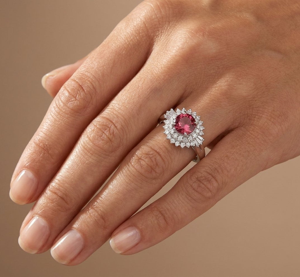 Pink Tourmaline and Diamond Ring in Platinum - Studio Model View by Kelly Christie