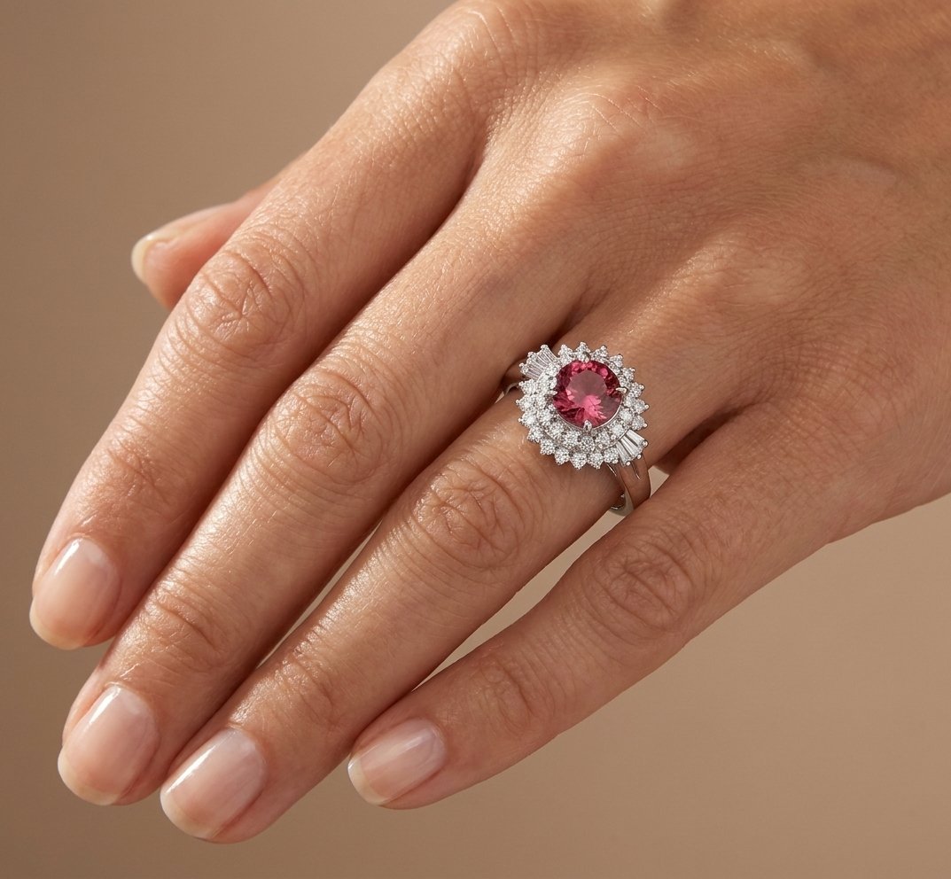 Pink Tourmaline and Diamond Ring in Platinum - Studio Model View by Kelly Christie