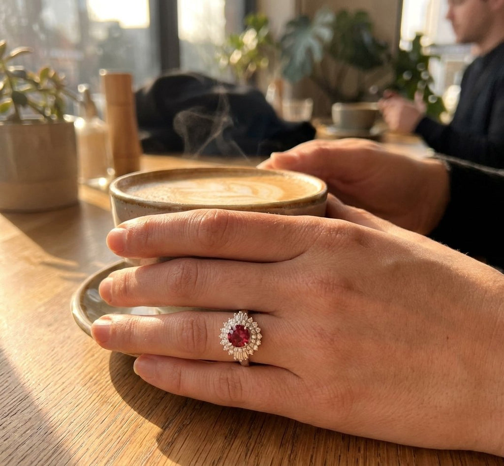 Pink Tourmaline and Diamond Ring in Platinum - Lifestyle Model View by Kelly Christie